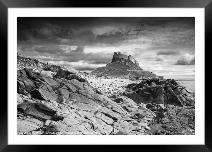 Holy island castle Lindisfarne black and white 736 Framed Mounted Print by PHILIP CHALK