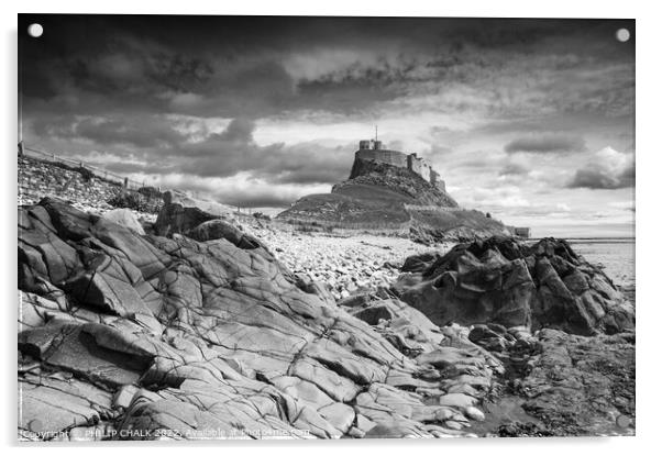 Holy island castle Lindisfarne black and white 736 Acrylic by PHILIP CHALK
