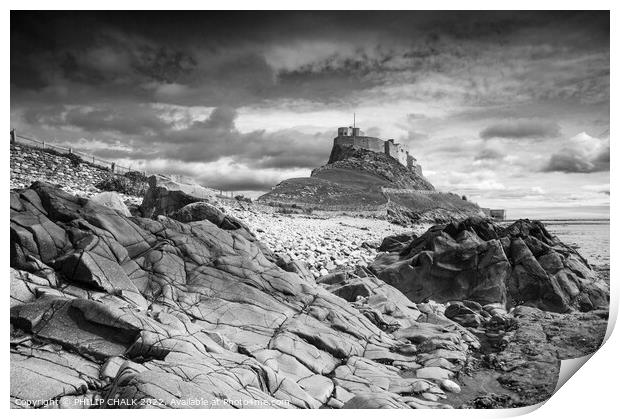 Holy island castle Lindisfarne black and white 736 Print by PHILIP CHALK