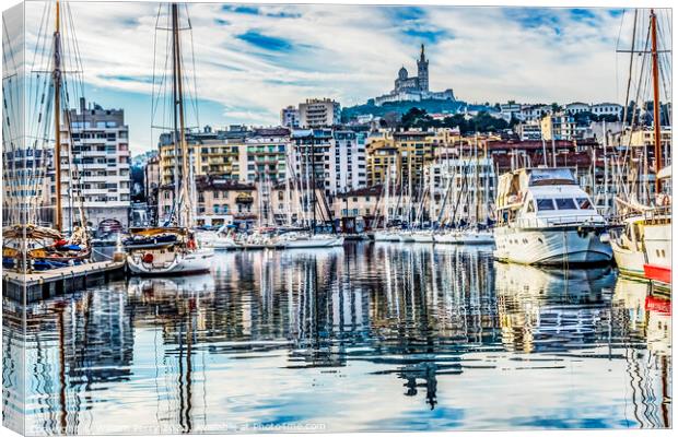 Yachts Boats Waterfront Reflection Church Marseille France Canvas Print by William Perry
