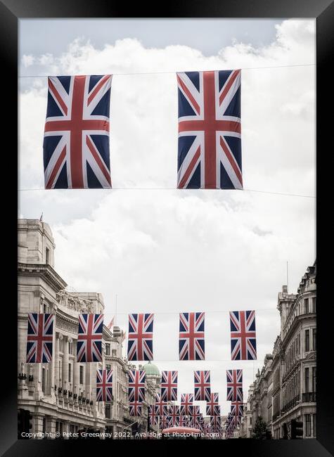 London's Regent Street Decked Out With Flags For Queens Platinum Jubilee Framed Print by Peter Greenway