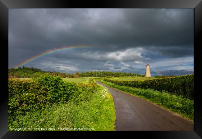 Rainbow over the Ducket BNB tower near Budle bay in Northumberland  738 Framed Print by PHILIP CHALK