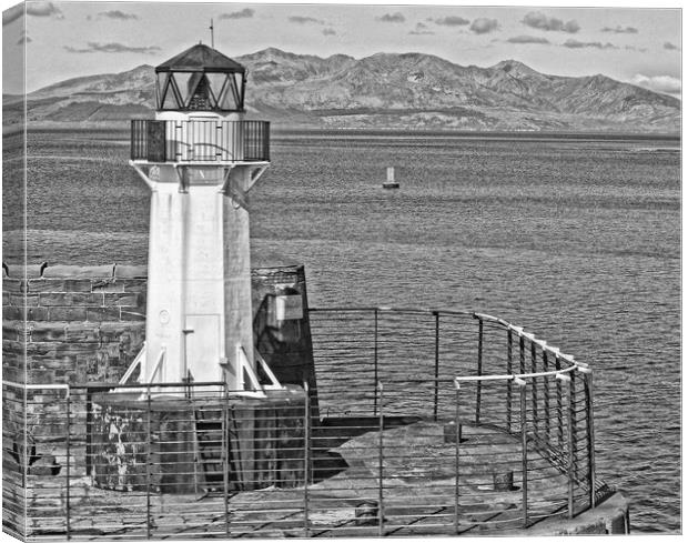Ardrossan harbour lighthouse and mountains on Arra Canvas Print by Allan Durward Photography