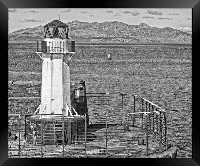 Ardrossan harbour lighthouse and mountains on Arra Framed Print by Allan Durward Photography