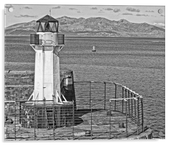 Ardrossan harbour lighthouse and mountains on Arra Acrylic by Allan Durward Photography
