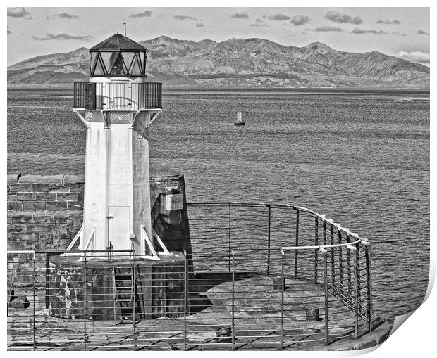 Ardrossan harbour lighthouse and mountains on Arra Print by Allan Durward Photography