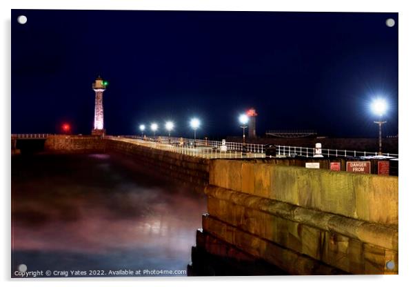 Whitby Lighthouse and Pier Night Shot Acrylic by Craig Yates
