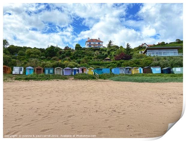 Coldingham Bay with it's colourful beach huts Print by yvonne & paul carroll
