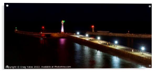Whitby Lighthouse and Pier Night Shot. Acrylic by Craig Yates