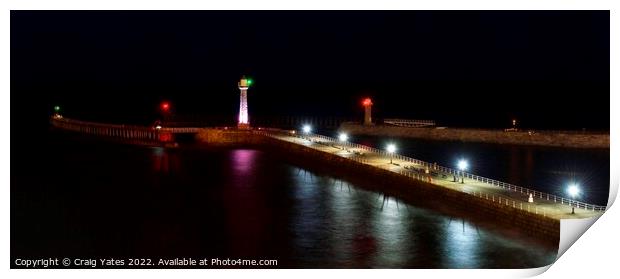 Whitby Lighthouse and Pier Night Shot. Print by Craig Yates