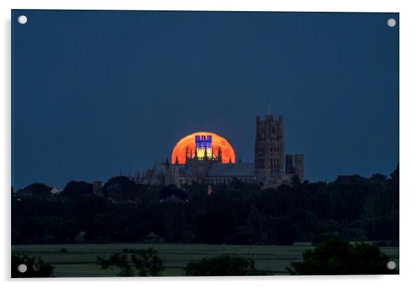 Strawberry Moon rising behind Ely Cathedral, 14th June 2022 Acrylic by Andrew Sharpe