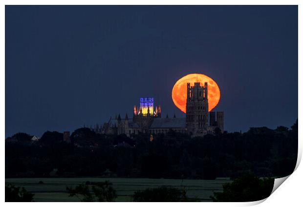 Strawberry Moon rising behind Ely Cathedral, 14th June 2022 Print by Andrew Sharpe