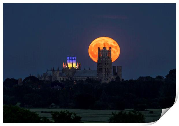 Strawberry Moon rising behind Ely Cathedral, 14th June 2022 Print by Andrew Sharpe