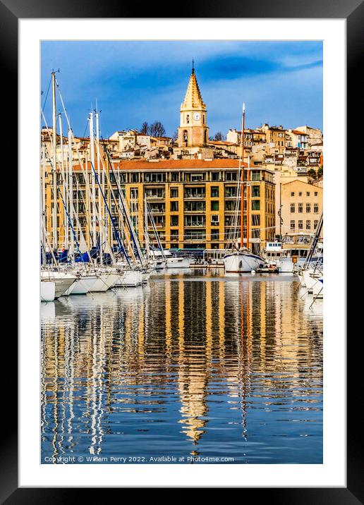 Yachts Boats Waterfront Reflection Church Marseille France Framed Mounted Print by William Perry