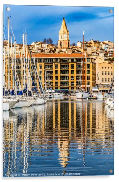 Yachts Boats Waterfront Reflection Church Marseille France Acrylic by William Perry