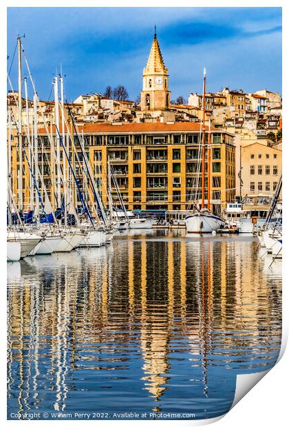 Yachts Boats Waterfront Reflection Church Marseille France Print by William Perry