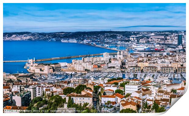 Fort  Cityscape Harbors Cathedral Buildings Marseille France Print by William Perry