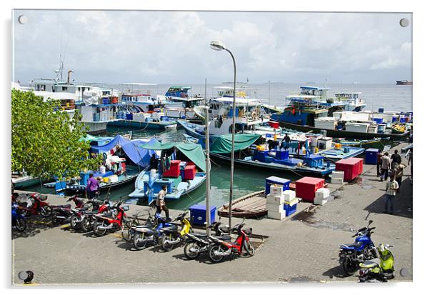 busy harbor of Male' Maldives Acrylic by Hassan Najmy