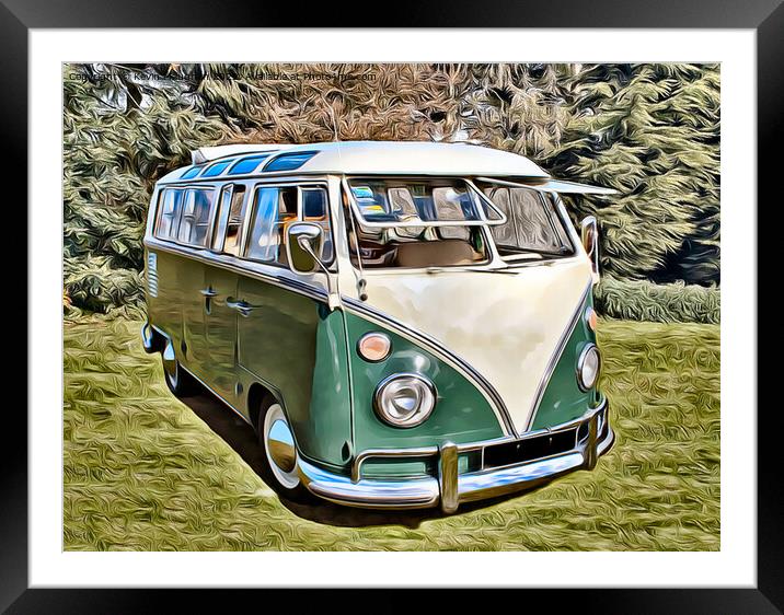 Vintage Camper Van in a Lush Green Landscape Framed Mounted Print by Kevin Maughan