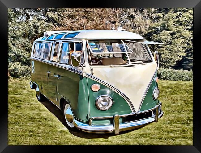 Vintage Camper Van in a Lush Green Landscape Framed Print by Kevin Maughan