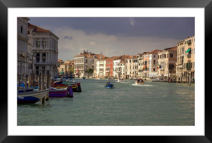 VENICE, ITALY - September 03, 2018: The Grand Canal seen from Rialto Bridge in the morning with boats sailing against typical buildings Framed Mounted Print by Arpan Bhatia