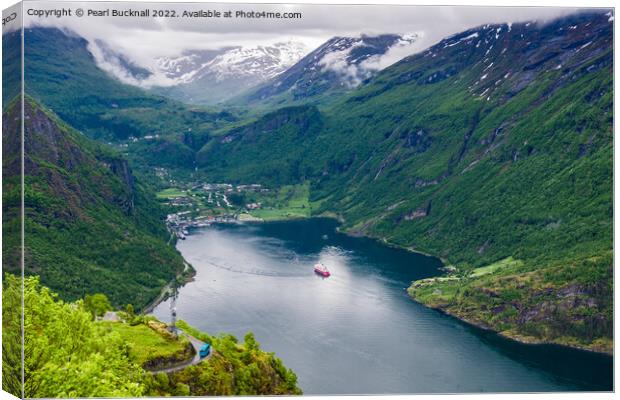Geiranger Fjord from Waterfall Viewpoint Norway Canvas Print by Pearl Bucknall
