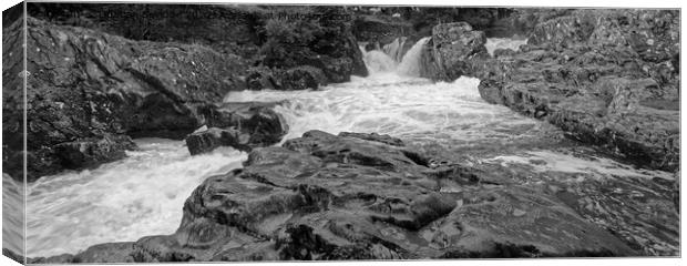 Panoramic black and white abstract of Betws-Y-Coed rocks and waterfalls Canvas Print by Duncan Savidge
