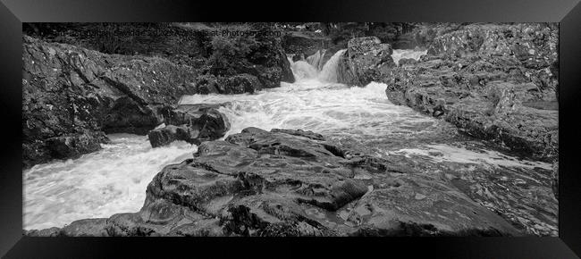 Panoramic black and white abstract of Betws-Y-Coed rocks and waterfalls Framed Print by Duncan Savidge
