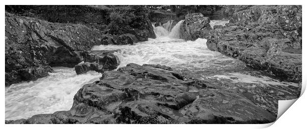 Panoramic black and white abstract of Betws-Y-Coed rocks and waterfalls Print by Duncan Savidge
