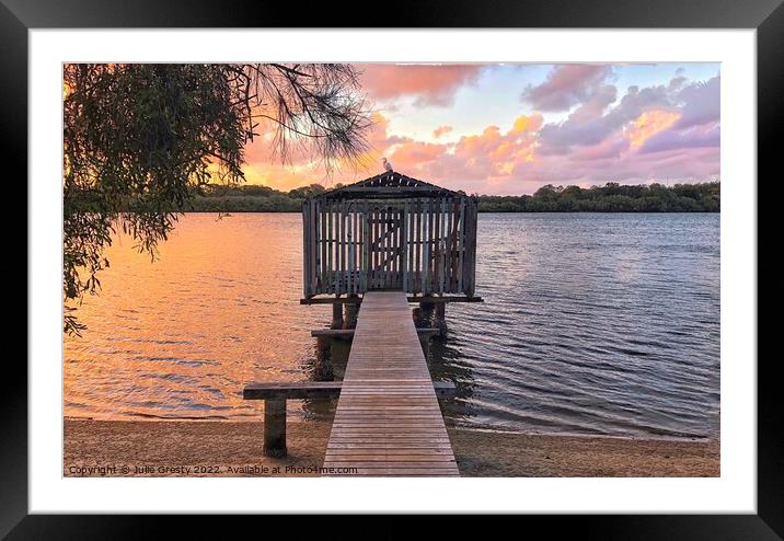 Beach Hut Boat House on River Pink Sunset Framed Mounted Print by Julie Gresty