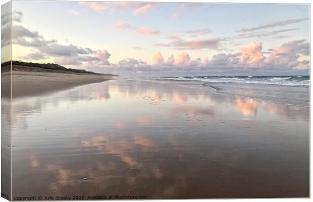 Pink Sunset with reflections over Coolum Beach Canvas Print by Julie Gresty