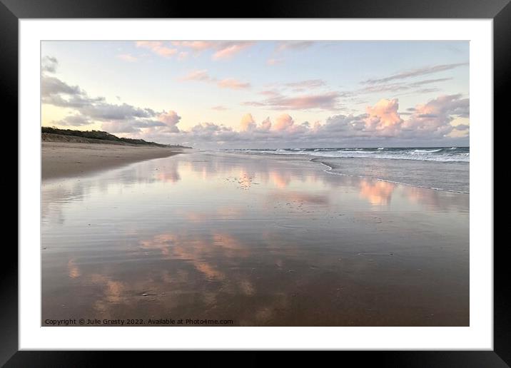 Pink Sunset with reflections over Coolum Beach Framed Mounted Print by Julie Gresty