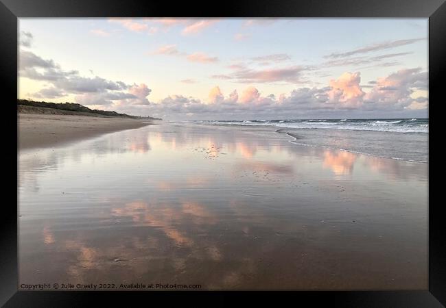Pink Sunset with reflections over Coolum Beach Framed Print by Julie Gresty