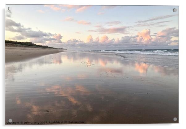 Pink Sunset with reflections over Coolum Beach Acrylic by Julie Gresty
