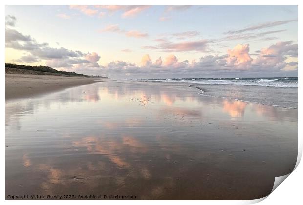 Pink Sunset with reflections over Coolum Beach Print by Julie Gresty