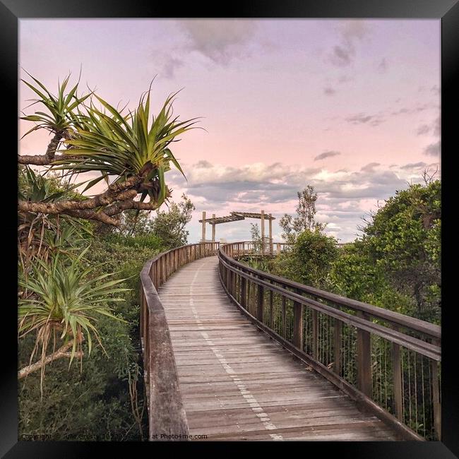 Boardwalk to Coolum Lookout at Sunset Framed Print by Julie Gresty