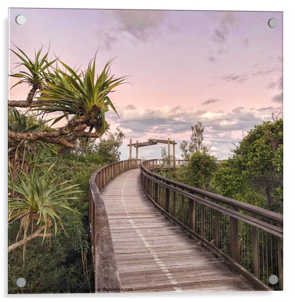 Boardwalk to Coolum Lookout at Sunset Acrylic by Julie Gresty