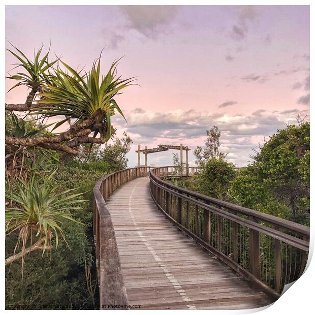 Boardwalk to Coolum Lookout at Sunset Print by Julie Gresty