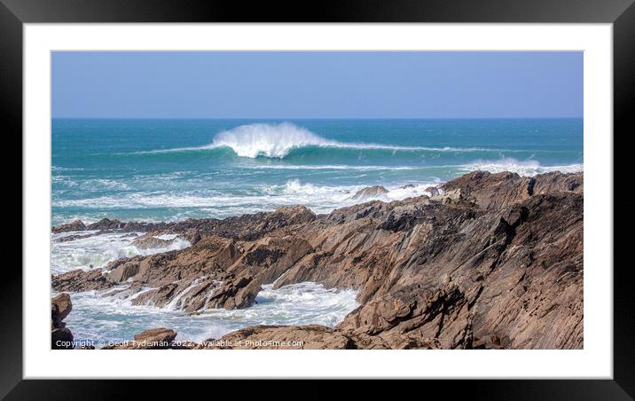 A breaking wave on the Cribbar Reef Newquay Framed Mounted Print by Geoff Tydeman