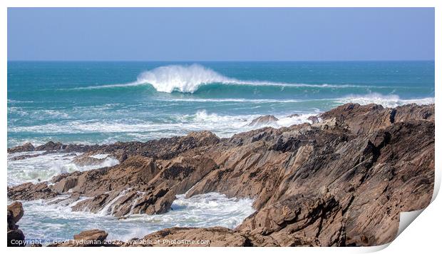 A breaking wave on the Cribbar Reef Newquay Print by Geoff Tydeman