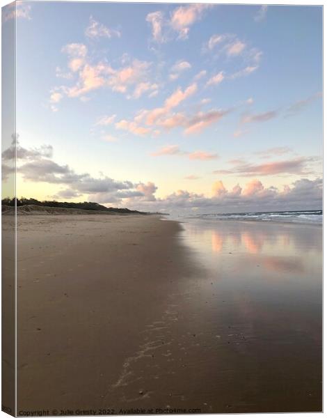 Pink Clouds at Sunset reflecting on Coolum Beach Queensland Canvas Print by Julie Gresty