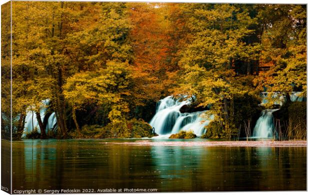 Autumn landscape with waterfalls on Pliva river near Jajce city. Bosnia and Herzegovina. Canvas Print by Sergey Fedoskin