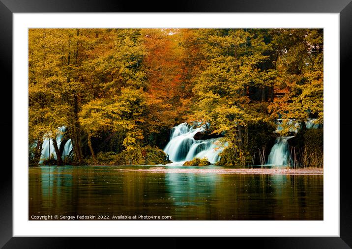 Autumn landscape with waterfalls on Pliva river near Jajce city. Bosnia and Herzegovina. Framed Mounted Print by Sergey Fedoskin
