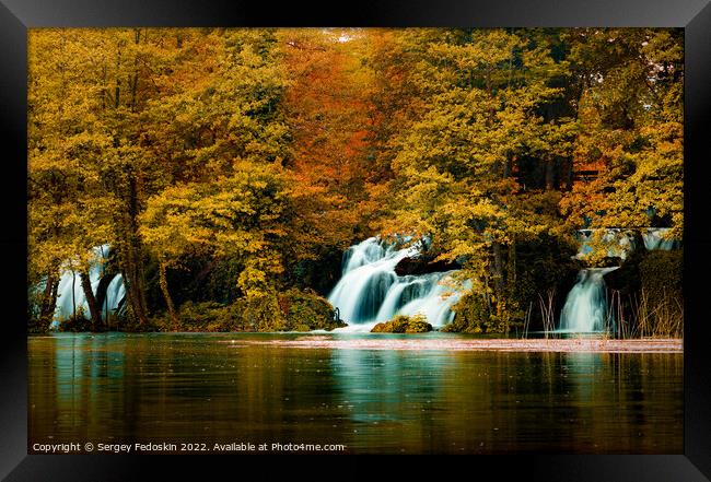 Autumn landscape with waterfalls on Pliva river near Jajce city. Bosnia and Herzegovina. Framed Print by Sergey Fedoskin