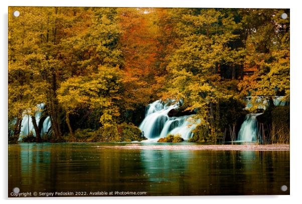 Autumn landscape with waterfalls on Pliva river near Jajce city. Bosnia and Herzegovina. Acrylic by Sergey Fedoskin