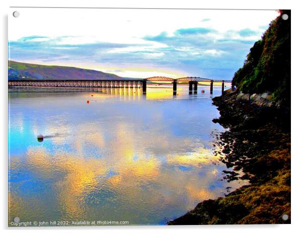 Barmouth rail bridge at dusk. Acrylic by john hill