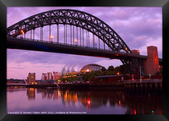 Newcastle upon Tyne at dusk, UK, featuring Tyne Bridge, Gateshead Millennium Bridge and The Sage Framed Print by Geraint Tellem ARPS