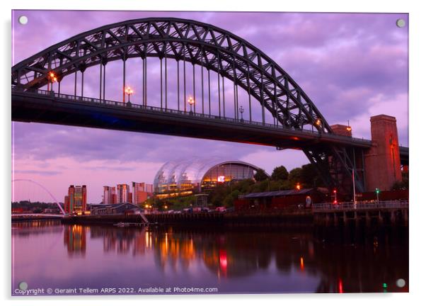Newcastle upon Tyne at dusk, UK, featuring Tyne Bridge, Gateshead Millennium Bridge and The Sage Acrylic by Geraint Tellem ARPS
