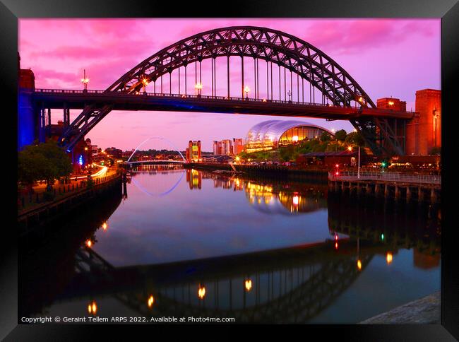 Newcastle upon Tyne at dusk, UK, featuring Tyne Bridge, Gateshead Millennium Bridge and The Sage Framed Print by Geraint Tellem ARPS