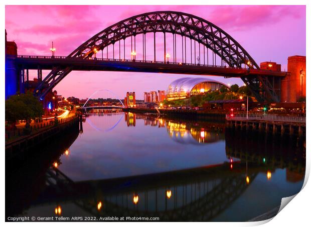 Newcastle upon Tyne at dusk, UK, featuring Tyne Bridge, Gateshead Millennium Bridge and The Sage Print by Geraint Tellem ARPS